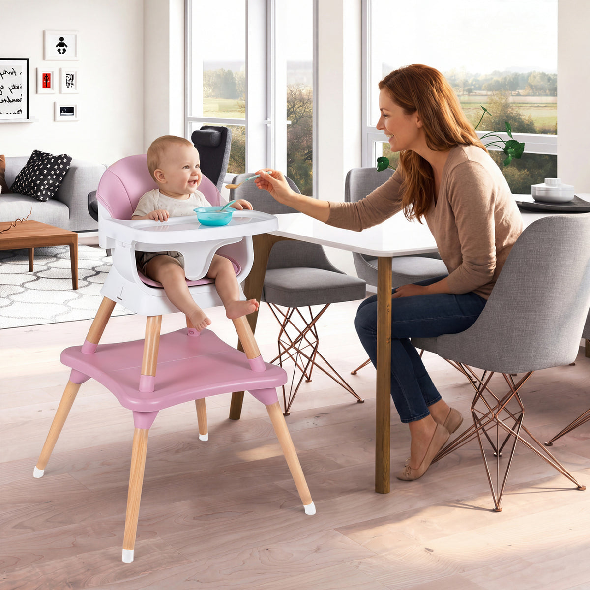 9-in-1 Convertible High Chair with Solid Wood Legs for Babies and Toddlers-Pink