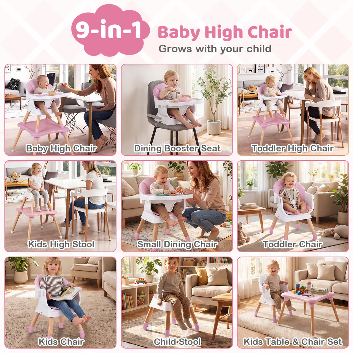 9-in-1 Convertible High Chair with Solid Wood Legs for Babies and Toddlers-Pink