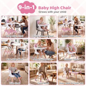 9-in-1 Convertible High Chair with Solid Wood Legs for Babies and Toddlers-Pink