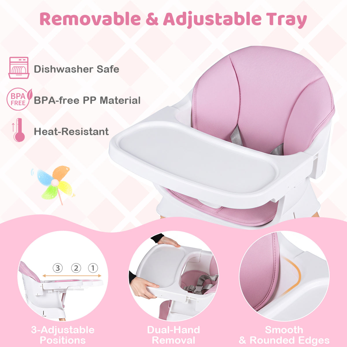 9-in-1 Convertible High Chair with Solid Wood Legs for Babies and Toddlers-Pink
