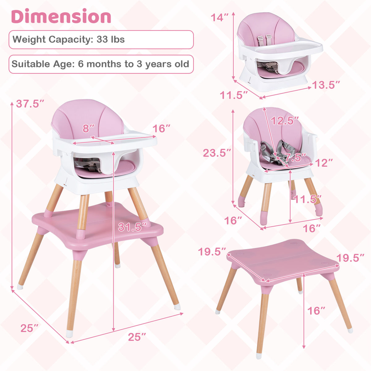 9-in-1 Convertible High Chair with Solid Wood Legs for Babies and Toddlers-Pink