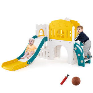 9-in-1 Toddler Slide L-Shaped with Basketball Hoop and Steering Wheel-Yellow