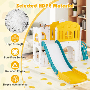 9-in-1 Toddler Slide L-Shaped with Basketball Hoop and Steering Wheel-Yellow