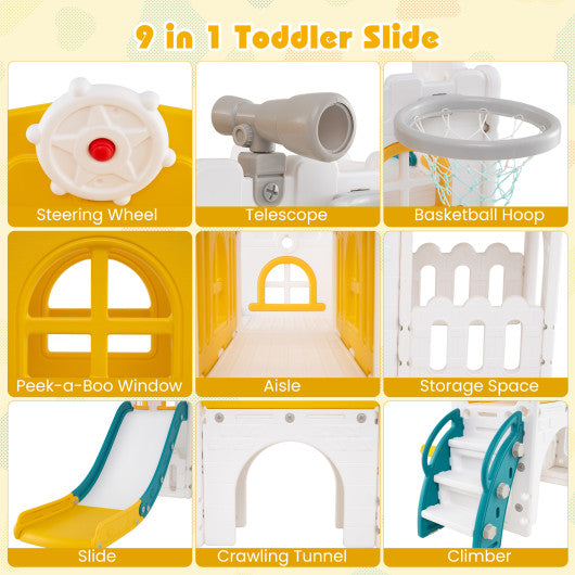 6-in-1 Toddler Slide L-shaped Playground with Basketball Hoop and Ladder-Gray