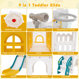 6-in-1 Toddler Slide L-shaped Playground with Basketball Hoop and Ladder-Gray