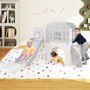 9-in-1 Toddler Slide L-Shaped with Basketball Hoop and Steering Wheel-Gray