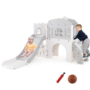 9-in-1 Toddler Slide L-Shaped with Basketball Hoop and Steering Wheel-Gray