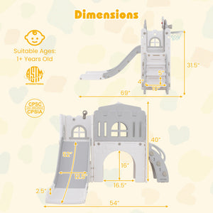 9-in-1 Toddler Slide L-Shaped with Basketball Hoop and Steering Wheel-Gray