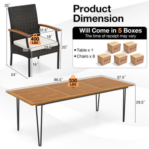 9 Pieces Outdoor Patio Dining Set with Acacia Wood Square Table and Umbrella Hole