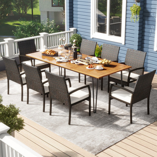 9 Pieces Outdoor Patio Dining Set with Soft Cushions and Acacia Wood Square Table