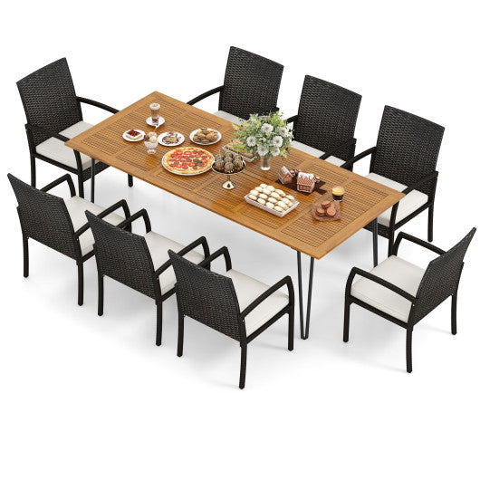 9 Pieces Outdoor Patio Dining Set with Soft Cushions and Acacia Wood Square Table