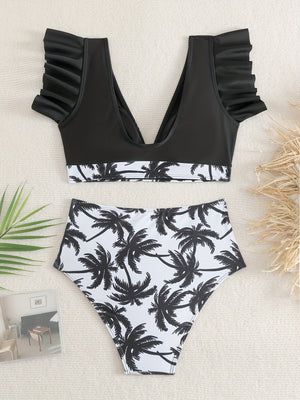 Bikini Black Solid Color Ruffle V Neck 2 Piece Swimsuit for Women – High Waisted Flattering Bikini Set with Lettuce Trim Bottoms – Sleek Stretchy Fabric Swimwear for Beach Days Poolside Style and Summer Vacation Looks