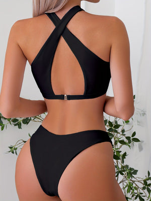 Bikini Criss Cross Neck 2 Piece High Cut Flattering Swimsuit for Women – Elegant Solid Color Bikini Set with Stretchy Cross Strap Detailing – Comfortable and Stylish Swimwear for Poolside Lounging Beach Days & Summer Vacations