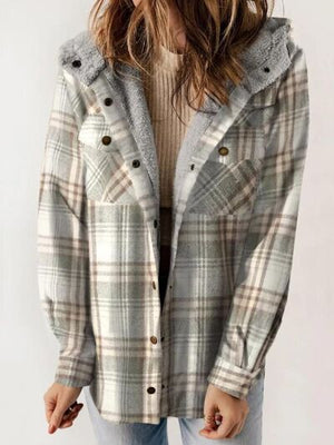 Plaid Snap Down Plush Hooded Jacket Soft & Warm Women Outerwear Cozy And Comfortable Jacket