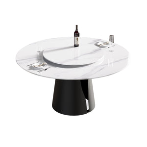 Modern Artificial Stone Round Carbon Steel Base Dining Table, Can Accommodate 6 People, Black Artificial Stone Turntable by Couch.com