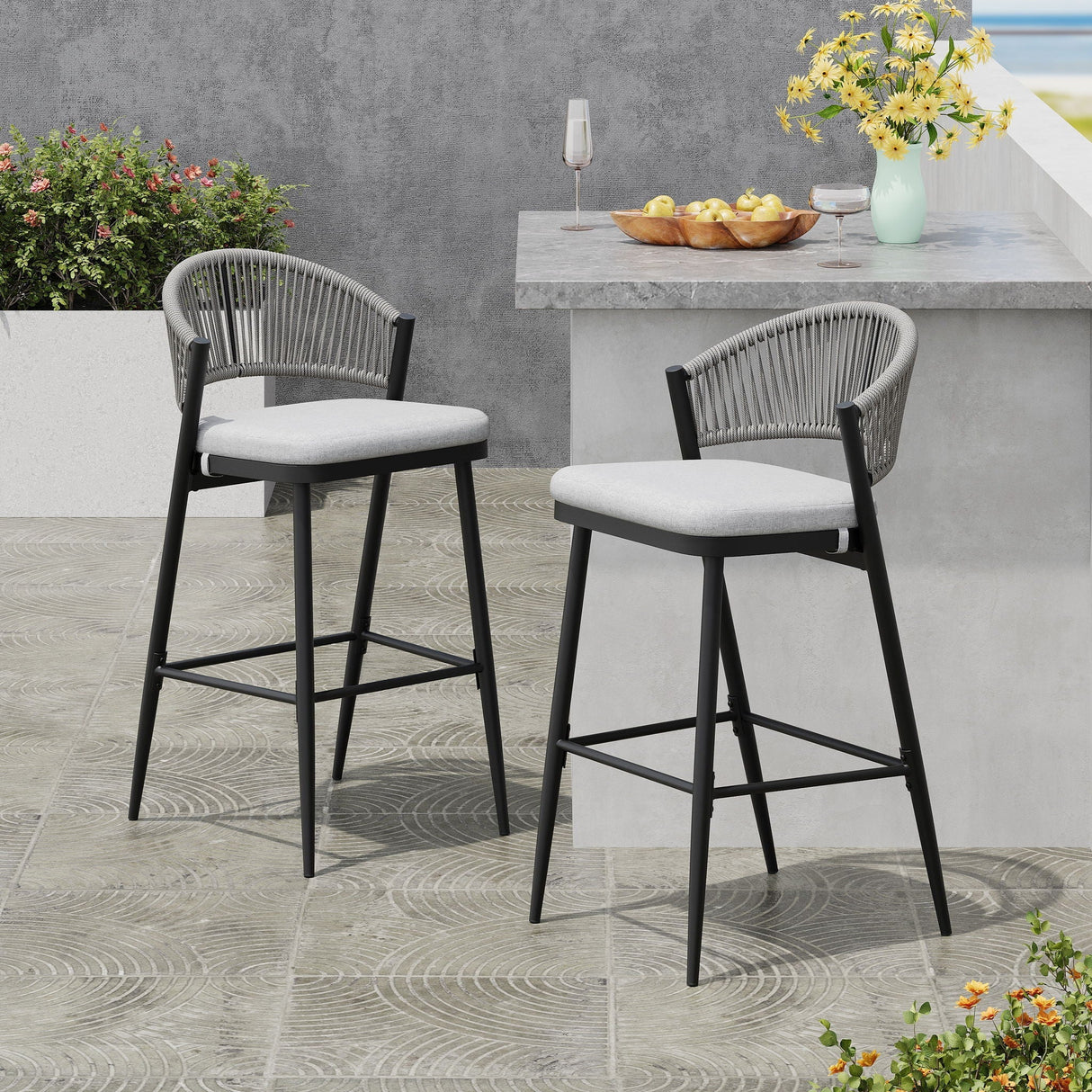 Outdoor Bar Height Metal Frame Counter Stools with Scallop-Shaped Backrest & Water-Resistant Cushions