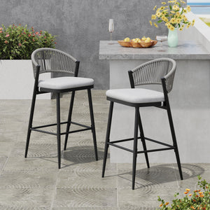 Outdoor Bar Height Metal Frame Counter Stools with Scallop-Shaped Backrest & Water-Resistant Cushions