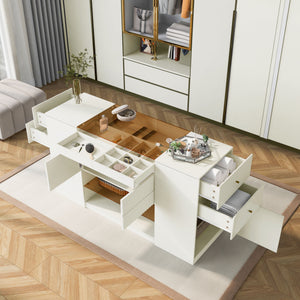 Modern Luxury Multi-Functional Island Vanity Dresser And Storage Cabinet With Glass Tabletop, Display Shelf, 6 Drawers For Walk In Wardrobe And Bedroom - Cream White by Couch.com