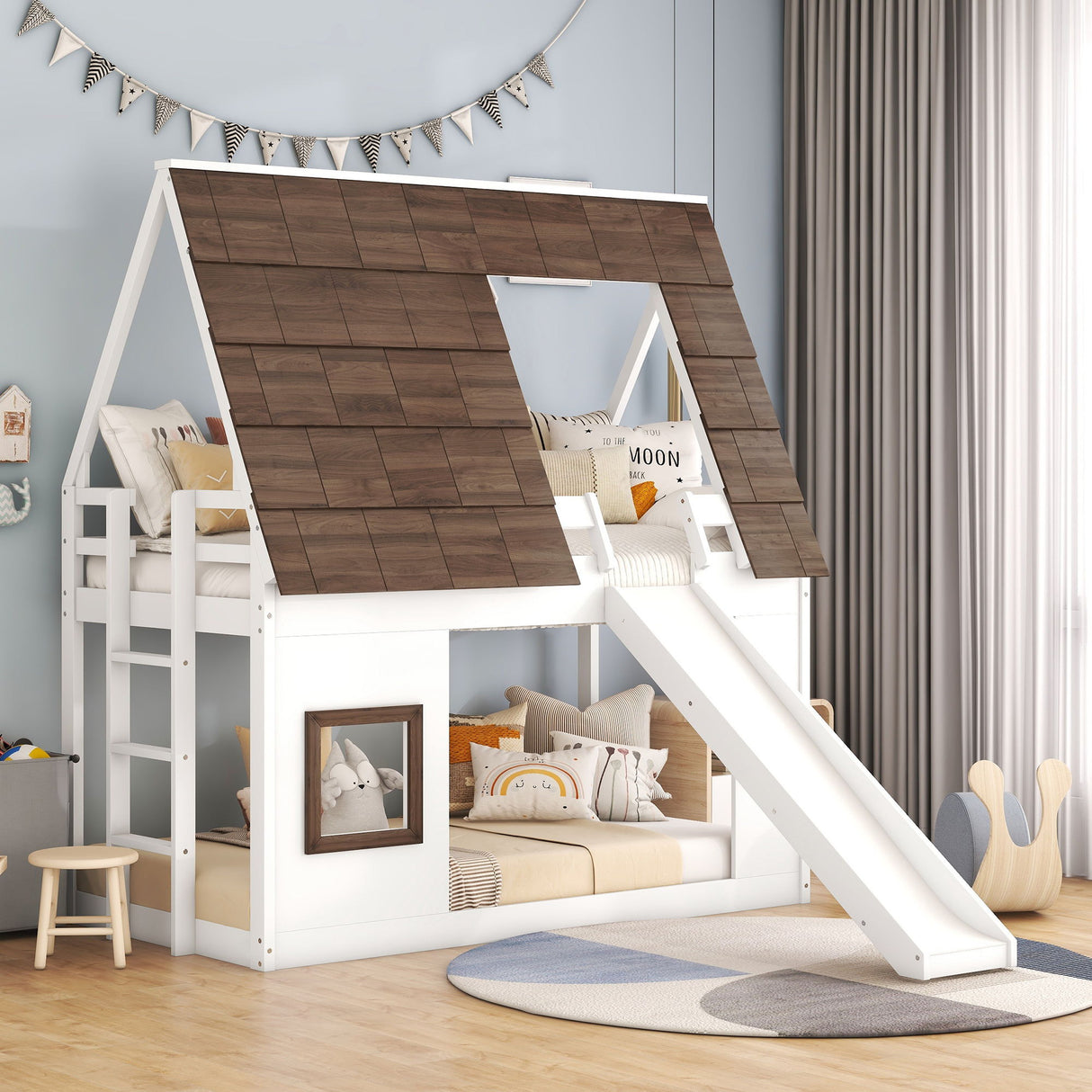Wood Twin Size House Bunk Bed With Roof, Ladder And Slide - White / Brown by Couch.com