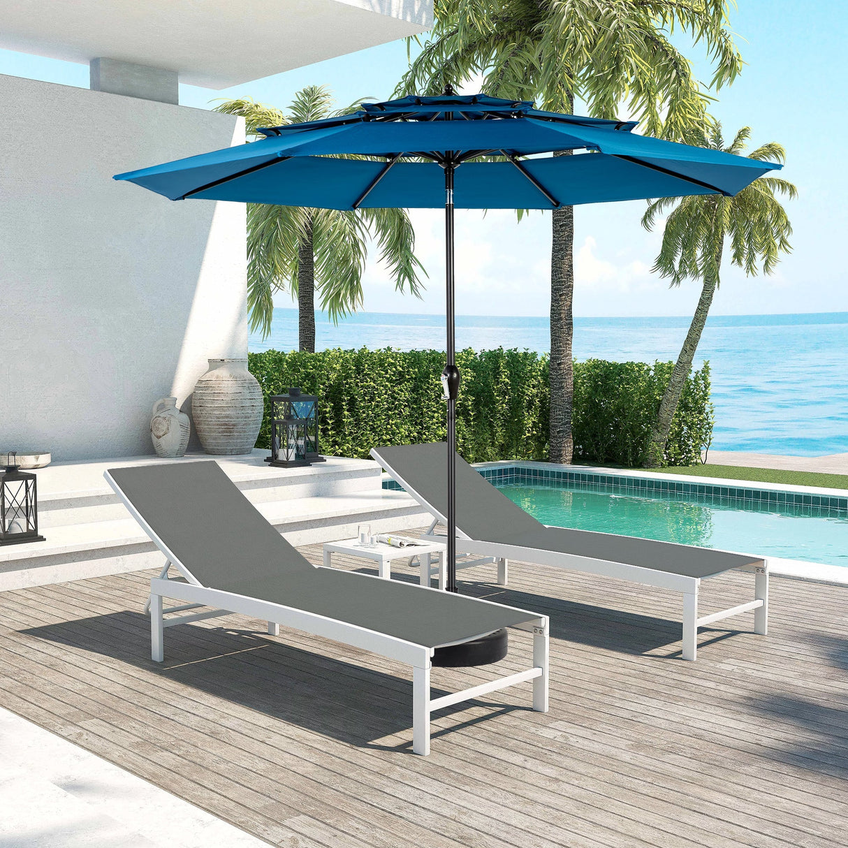 Aluminium 10ft 3 Tier Auto-tilt Outdoor Patio Umbrella - Dark Blue