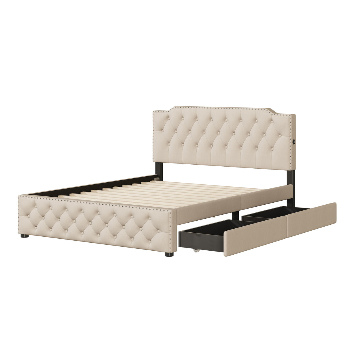 Upholstered Platform Bed With 2 Drawers And 2 Sets Of USB Ports On Each Side, Linen Fabric by Couch.com