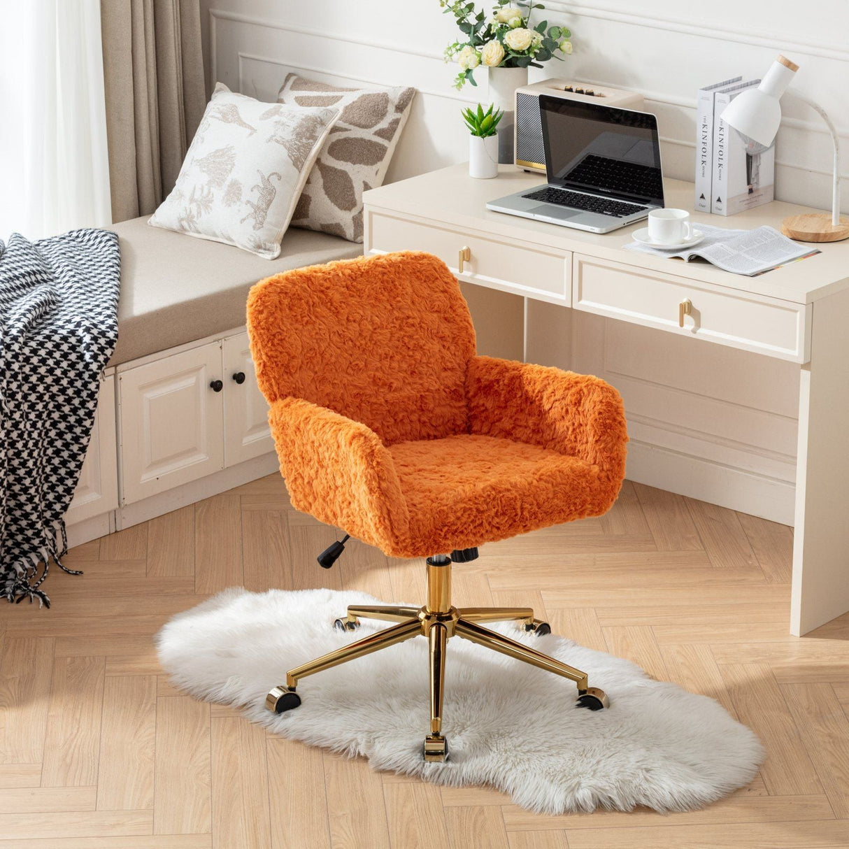 Office Chair, Artificial Rabbit Hair Home Office Chair With Golden Metal Base, Adjustable Desk Chair Swivel Office Chair, Vanity Chair by Couch.com