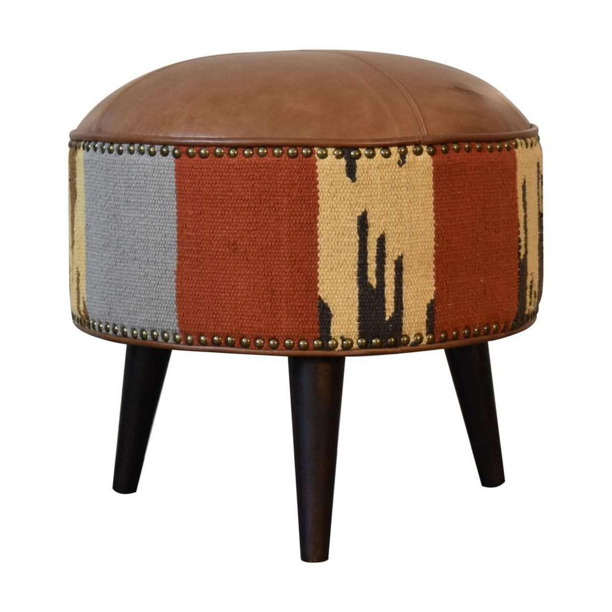 Durrie & Leather Mixed Footstool - Brown by Couch.com
