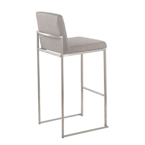 The Fuji – Contemporary And Modern Elegance High Back Barstool features a light gray cushioned seat and backrest with a sleek silver metal frame and footrest, displayed from a rear side angle.
