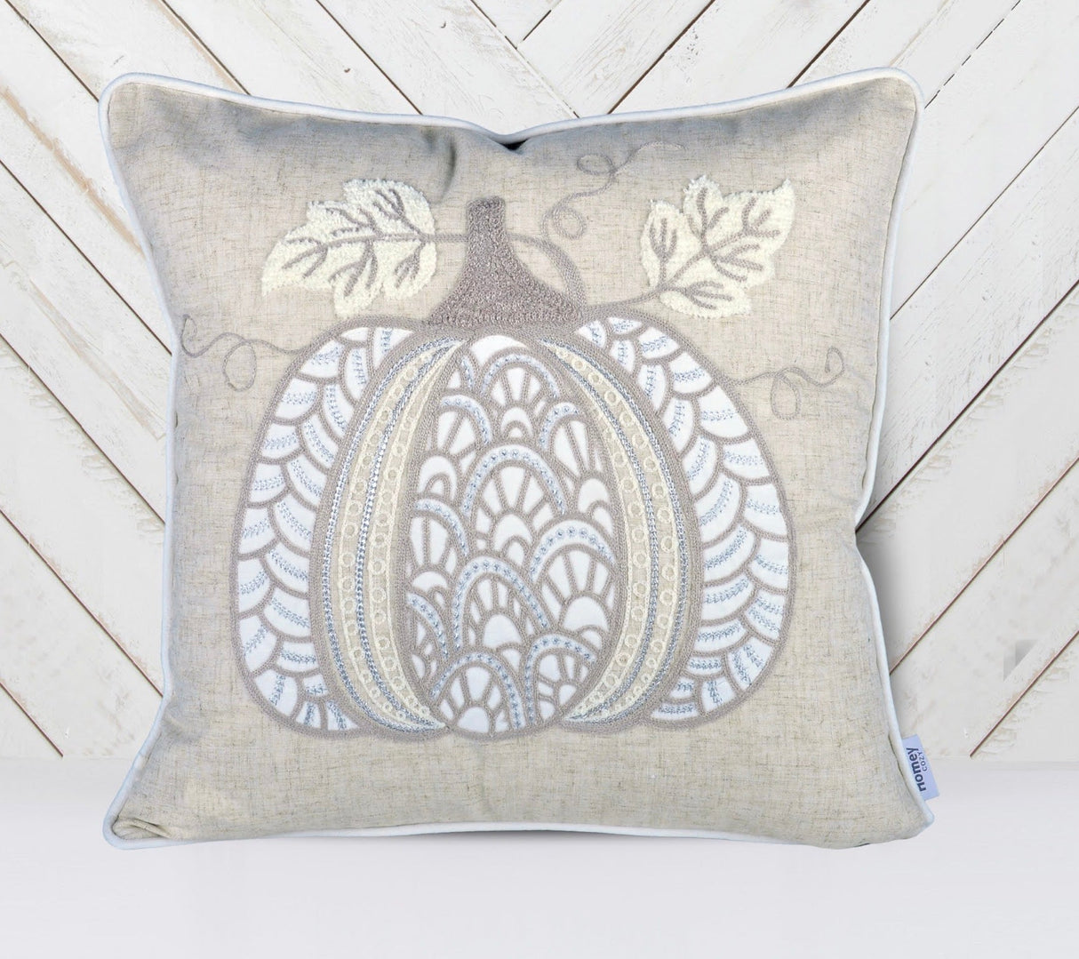 Embroidered Lace Pumpkin Accent Pillow – Neutral Fall Accent Cushion