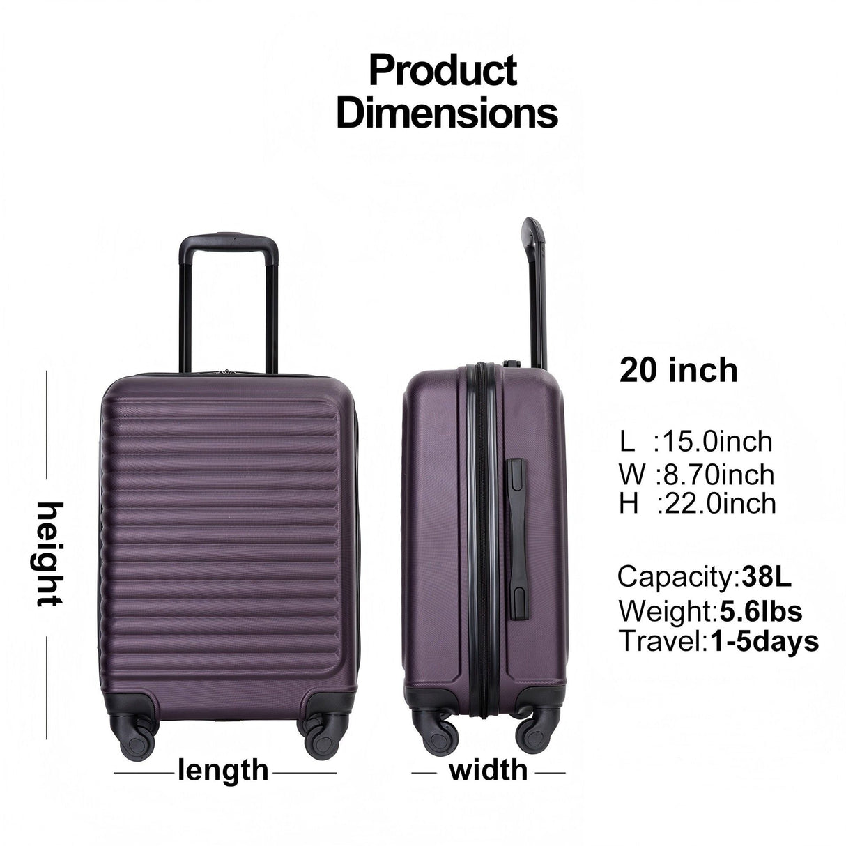 20" Carry On Luggage Lightweight Suitcase, Spinner Wheels by Couch.com
