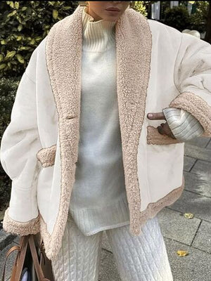 Fuzzy Collared Neck Long Sleeve Jacket with Buttoned Closure and Cozy Pockets