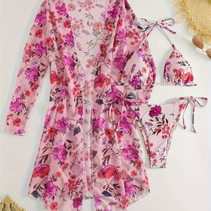 Bikini European Style Floral Print 3 Piece Swimsuit Set for Women – Sexy V Neck Bikini with Cross Strap Detail and Matching Long Sleeve Cover-Up – High Stretch Trendy Swimwear for Summer Beach Vacations Resort Looks and Poolside Fashion