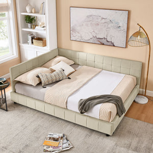 Mid-Century Storage Upholstered Tufted Bed Frame with Backrest and Armrests