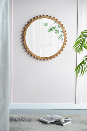 Wood Round Mirror With Beaded Frame, Circle Wall Mirror For Living Room Bedroom Entryway - Brown by Couch.com
