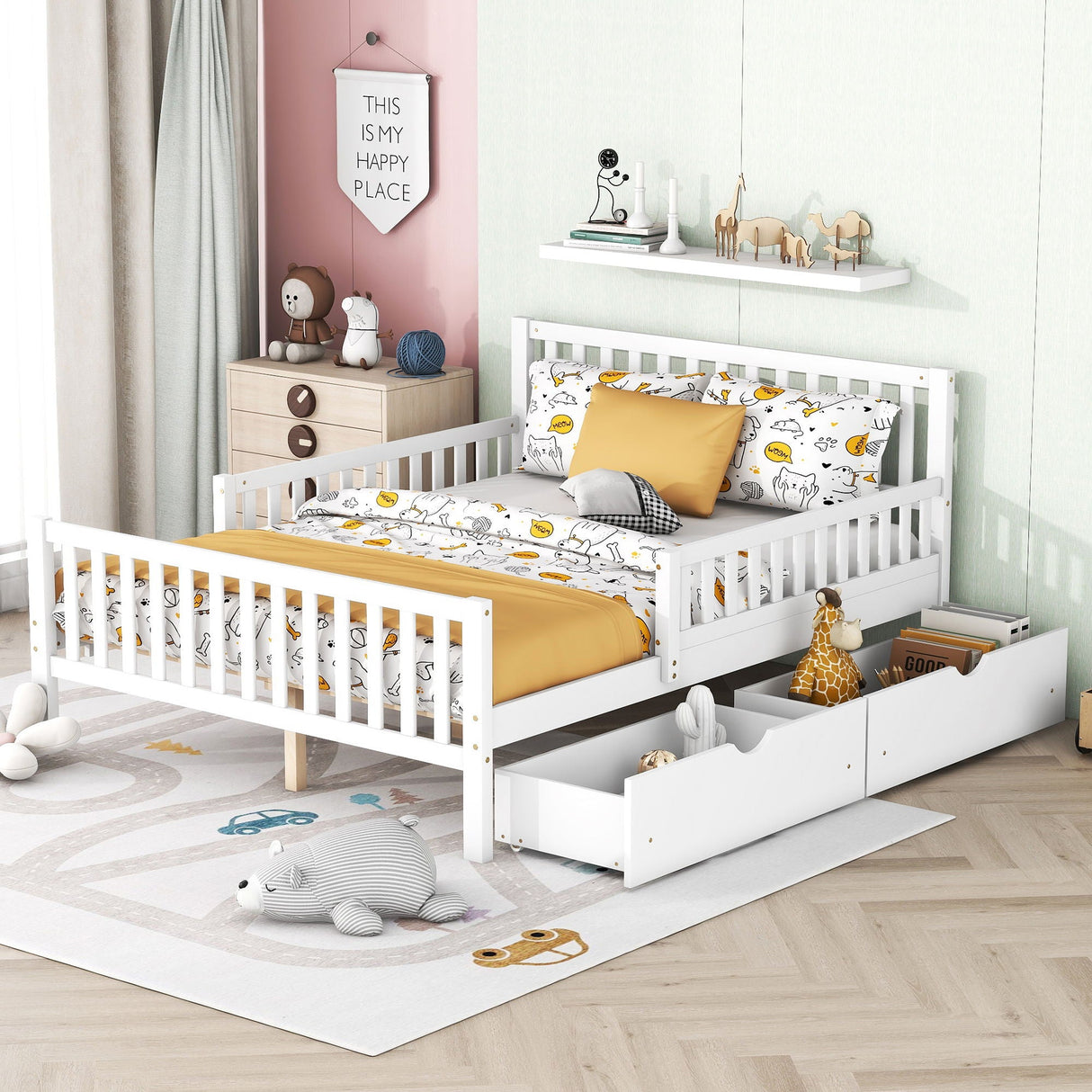 A children's bedroom showcases a Platform Bed with Guardrails on Both Sides and 2 Storage Drawers, dressed in a colorful animal-patterned duvet and pillow. The floor features toy cars on a road-patterned rug, while shelves and a dresser display animals and decor items.