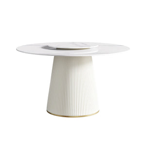 Modern Artificial Stone Round Plywood Base Dining Table, Can Accommodate 6 People, Artificial Stone Turntable (Not Including Chairs) - White / Beige by Couch.com