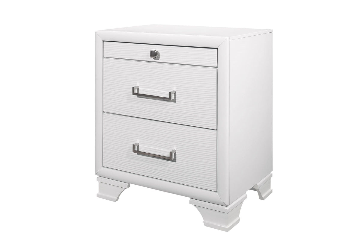 The Civic - Nightstand is white and modern, featuring three drawers with sleek silver metal handles. The top drawer is slimmer, and it stands on bracket feet for a minimalist design.