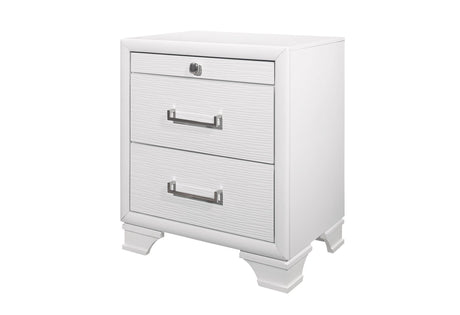 The Civic - Nightstand is white and modern, featuring three drawers with sleek silver metal handles. The top drawer is slimmer, and it stands on bracket feet for a minimalist design.