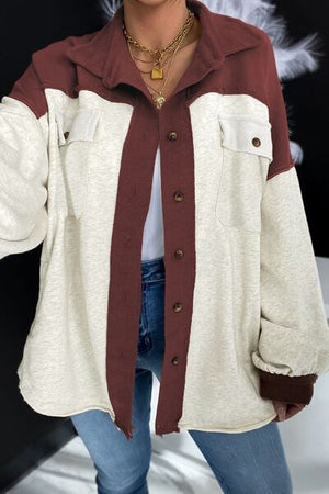 Unique Contrast Collared Pocketed Jacket with Button-Up Closure Modern Women Jacket