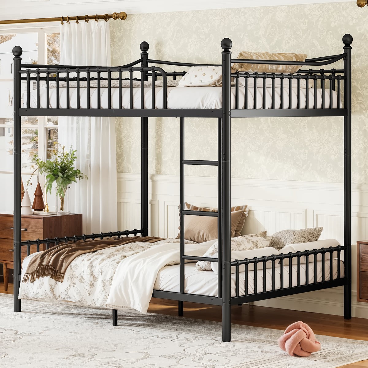 Full over Full Metal Bunk Bed with Curved Guardrails and Round-Tube Frame, No Box Spring Required, Black