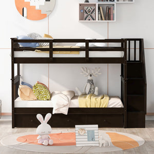 Stairway Bunk Bed With Storage And Guard Rail For Bedroom
