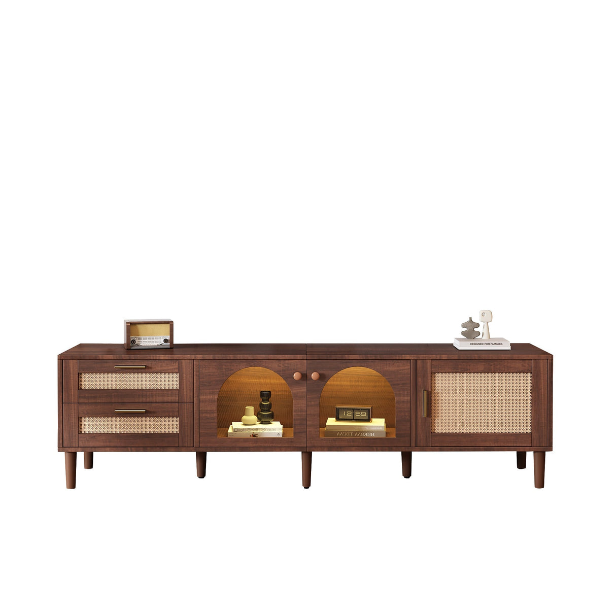 Rattan TV Stand with 3 Cabinets and 2 Drawers
