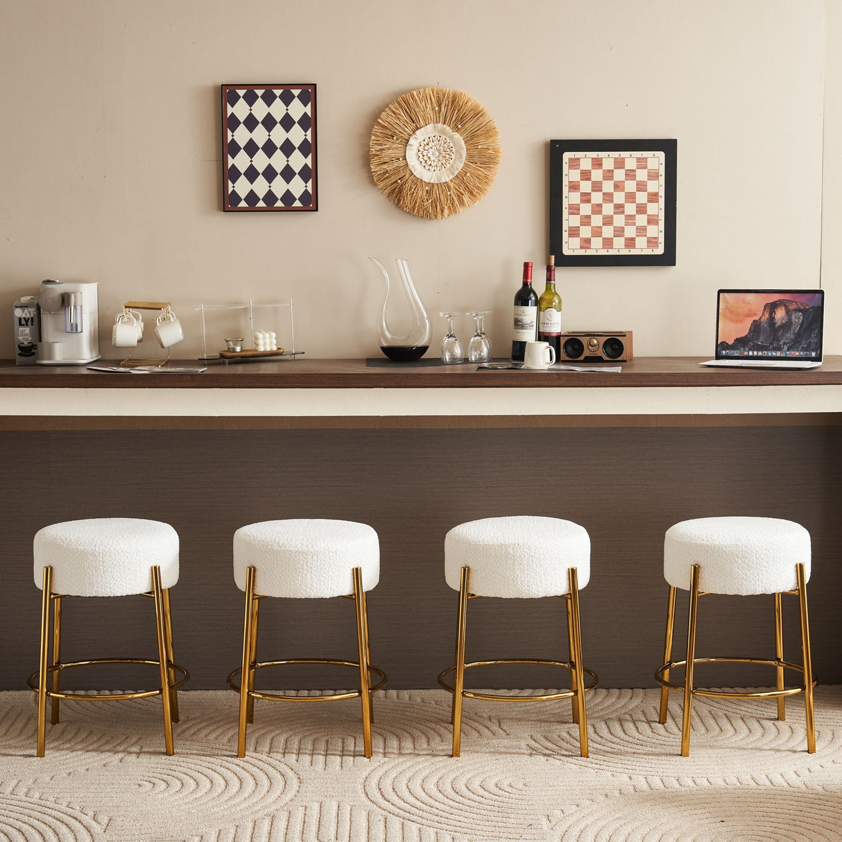 Round Bar Stools (Set of 2), Contemporary Upholstered Dining Stools For Kitchens, Coffee Shops And Bar Stores - Gold Legs by Couch.com