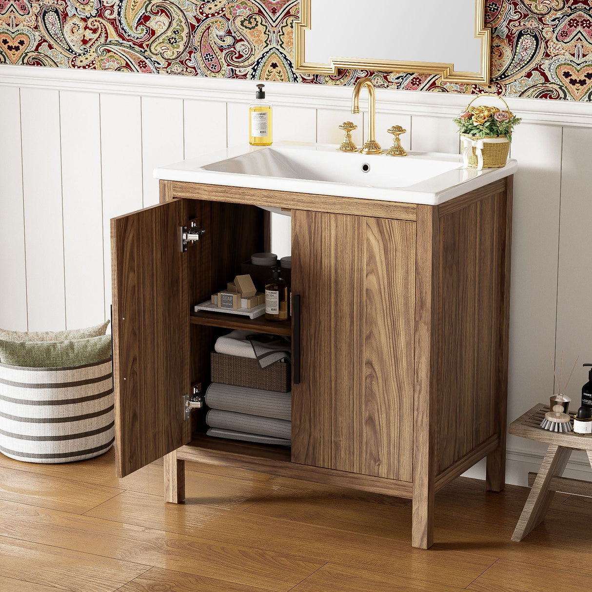 Bathroom Vanity With Single Sink, Combination Under Counter Sink, Bathroom Storage Cabinet With Soft Closing Door, Multi-Function Storage, Solid Wood Frame - Light Brown by Couch.com