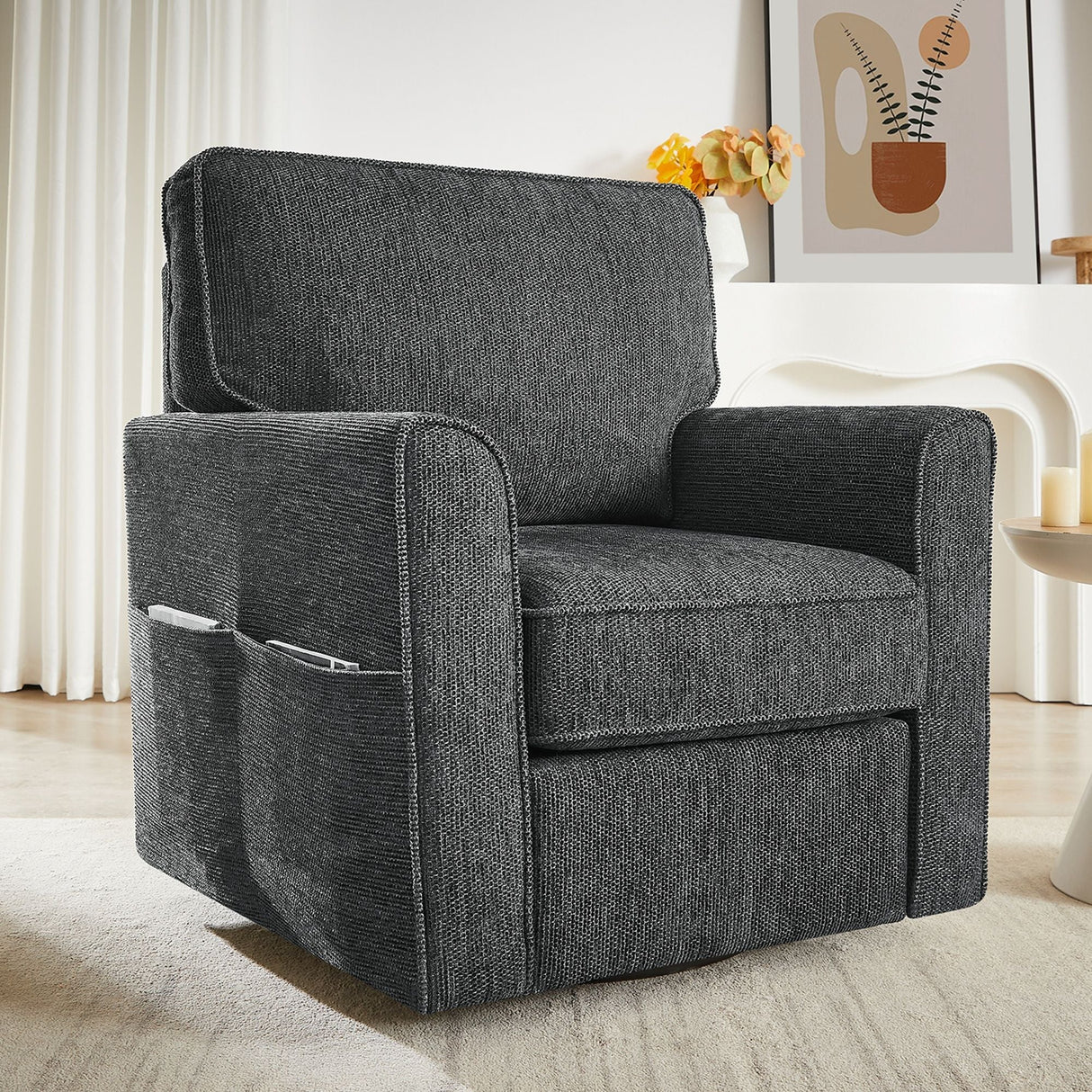 360° Swivel Accent Barrel Armchair With Side Pockets, Compact Design by Couch.com
