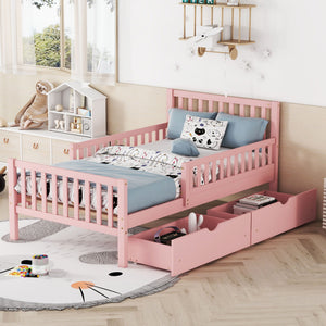 A children's bedroom includes a Platform Bed With Guardrails On Both Sides And 2 Storage Drawers, adorned with blue, cartoon-patterned bedding. A plush sloth toy sits on a cabinet, while wall-mounted shelves hold books and toys.