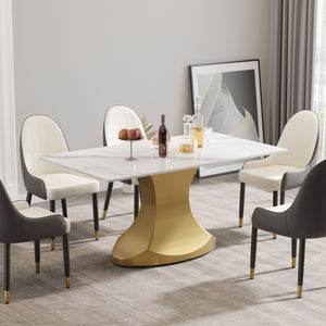 63" Modern Artificial Stone Panel Golden Stainless Steel Curved Legs, Can Accommodate 6-8 People - White / Gold by Couch.com