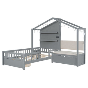 House Bed With Upholstered Sofa, Wireless Charging Station, Shelves And 2 Drawers by Couch.com