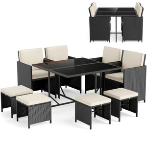 9 Piece Patio Dining Set with Tempered Glass Table and Ottoman-White