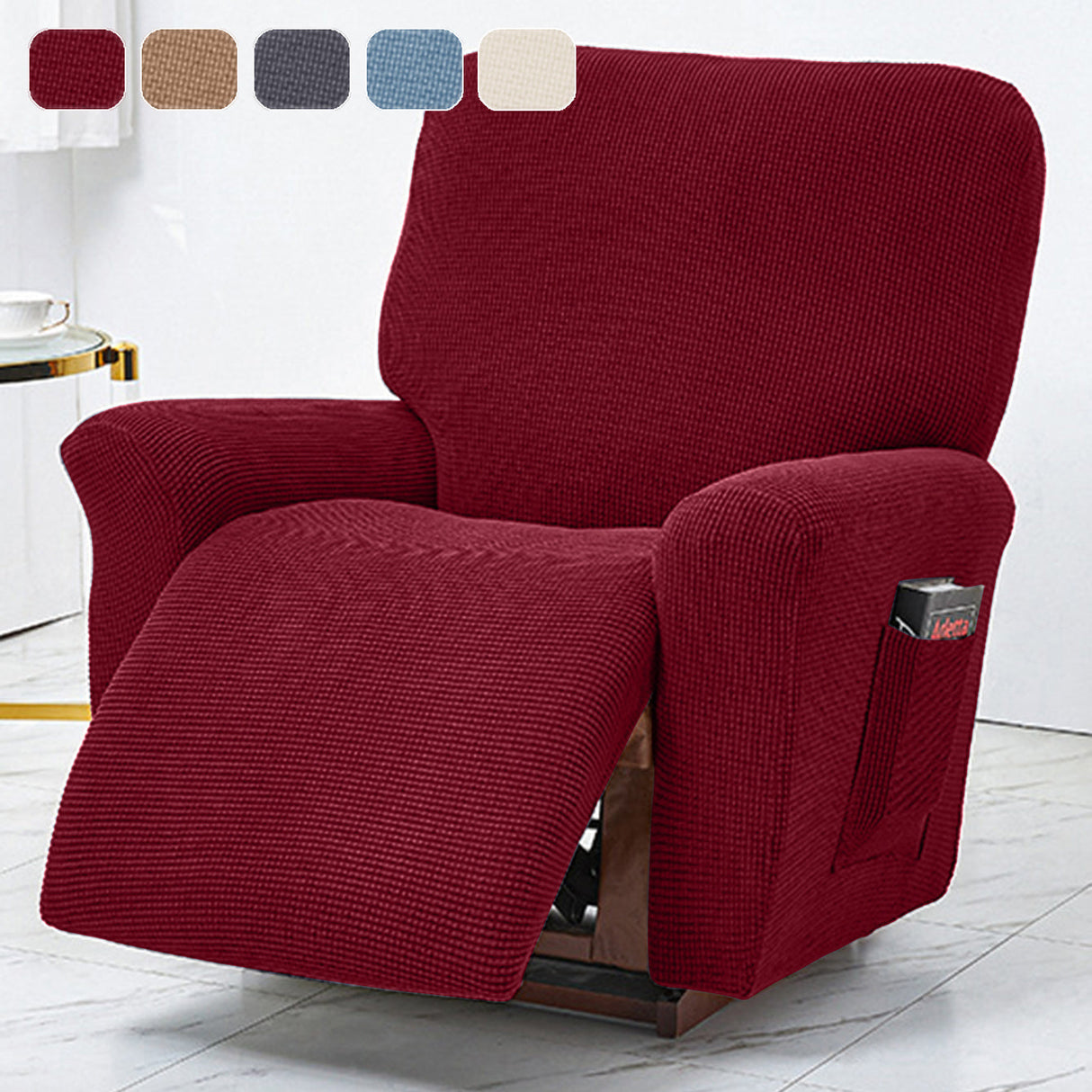 Polar Fleece Recliner Chair Cover, 4-Piece Soft Plush Slipcover with Pocket for Reclining Chairs